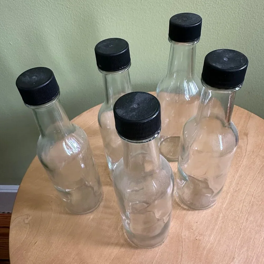 Five Clear Glass Hot Sauce Bottles 5 Fl Oz. NWOT